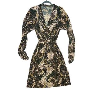 Y2K Fitted Long Sleeve V Neckline Tie Waist Dress Rouched Sleeves Stretchy